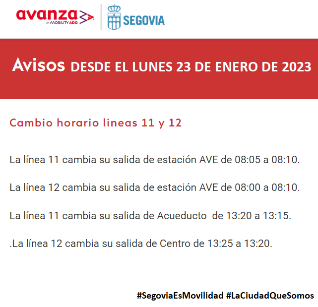 AVISO Cambios lineas 11 y 12 (Estación AVE) de Avanza en Segovia