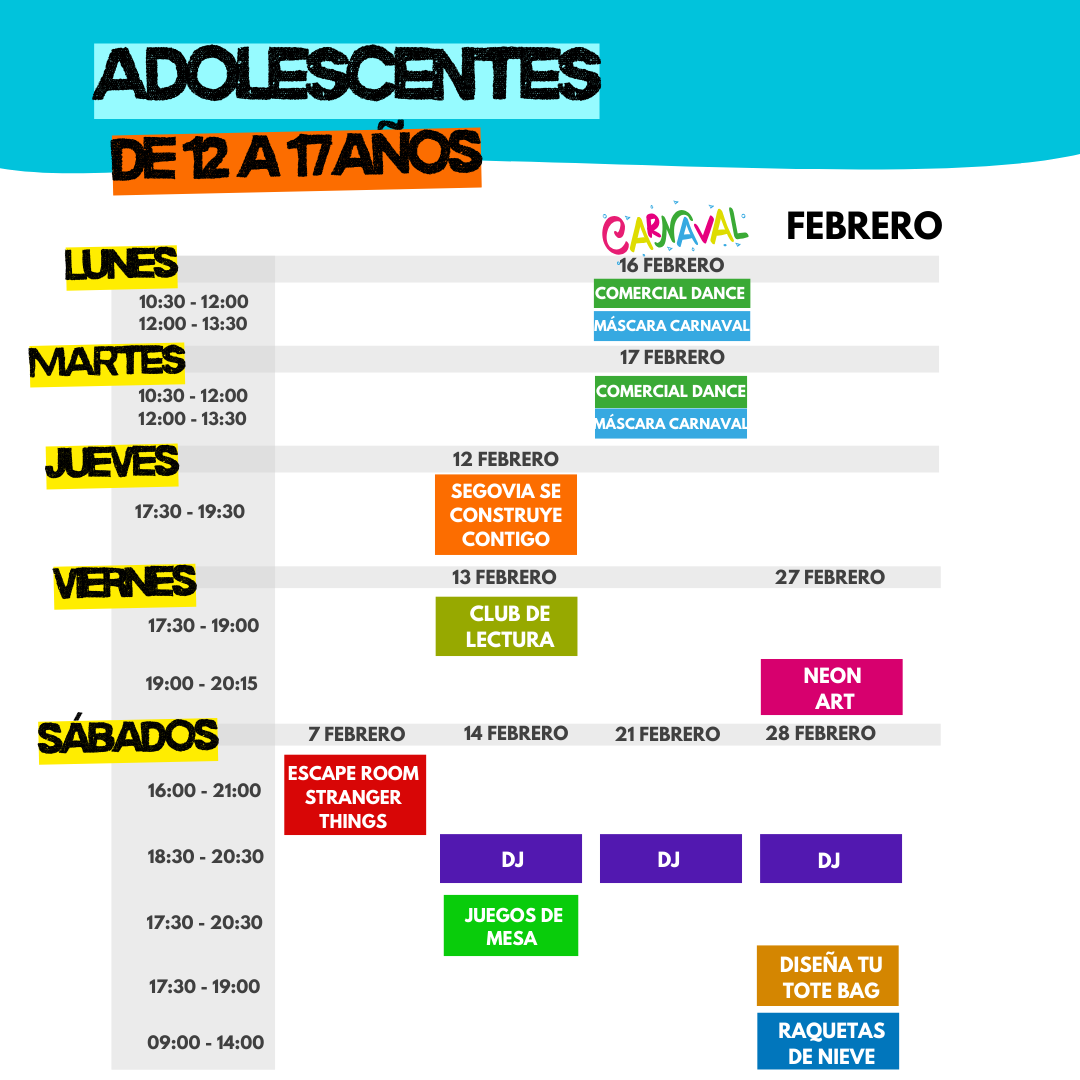 calendario actividades febrero adolescentes febrero-marzo 2026
