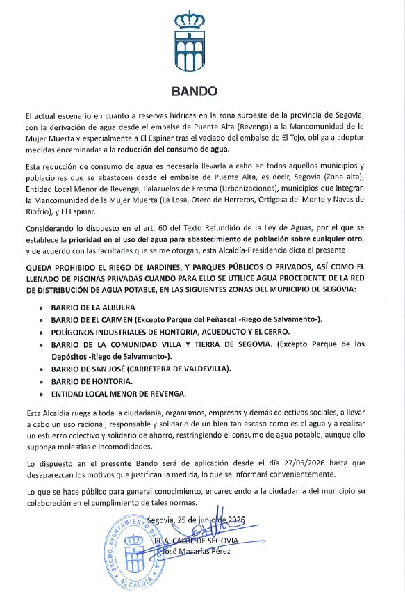 Bando restricciones de agua